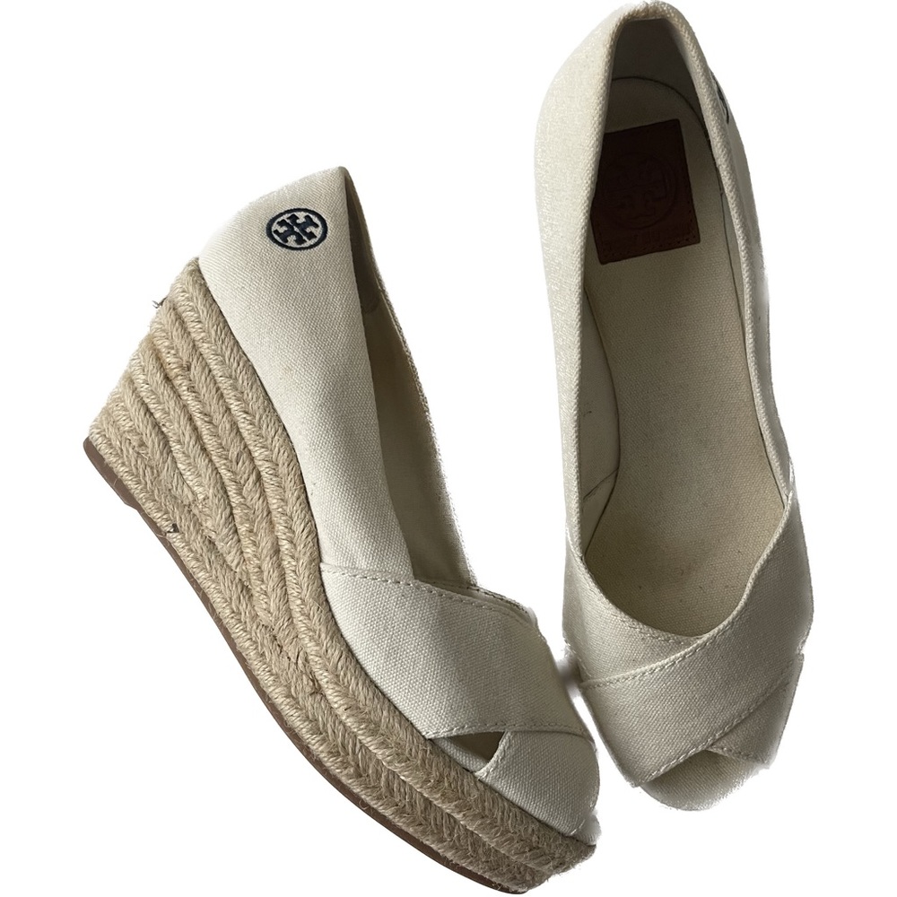 😎 TORY BURCH FILIPA CANVAS ESPADRILLE PEEP TOES WEDGES